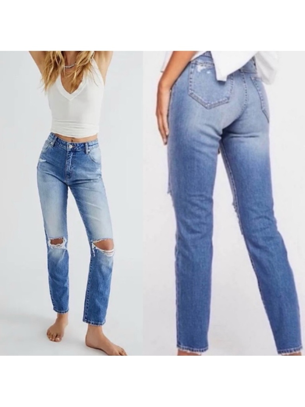 Rolla’s Miller Mid High Rise Slim Jeans Distressed Destroyed Medium Wash Blue